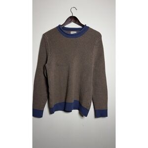 LL Bean Men's Large Sweater 100% Organic Cotton Waffle Knit Blue Gold Striped L